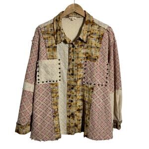 POL Patchwork Oversized Boho Studded Button Up Top Women L Pink Western Shacket
